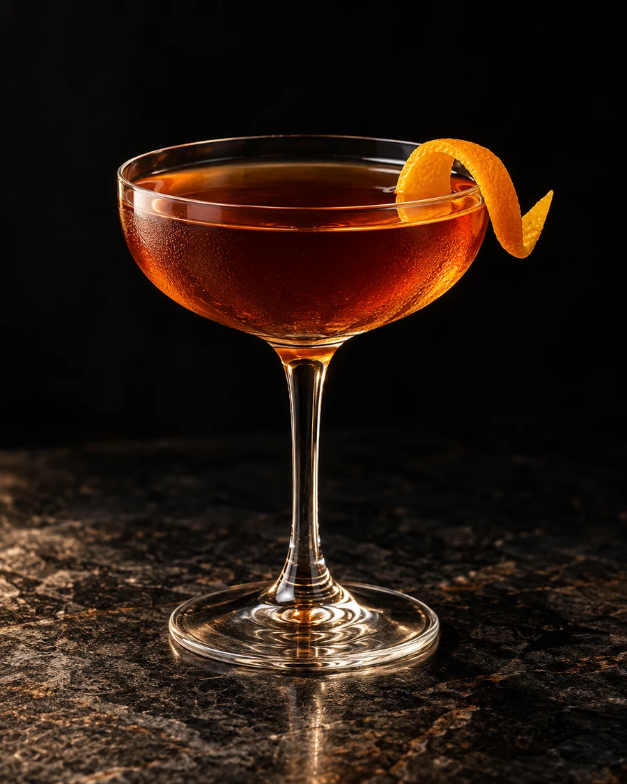 Diamond Rock: Amber-brown drink in coupe, orange twist and no ice.