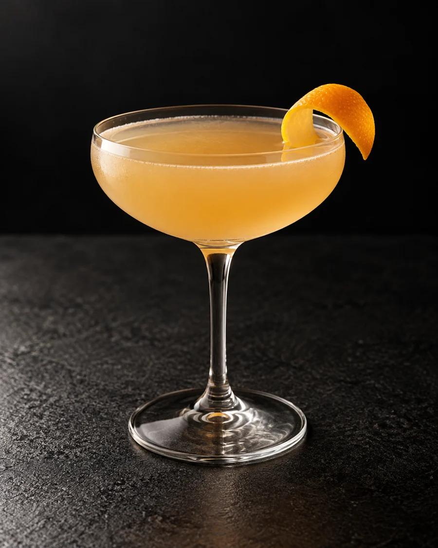 Pale amber, lightly cloudy Diki-Diki in a coupe, orange twist, no ice.