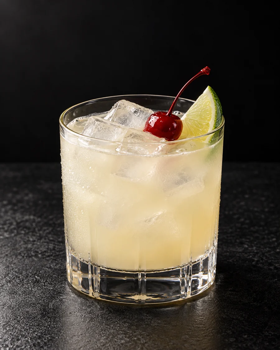 pale cloudy ivory-yellow Ding Ho over fresh ice in a rocks glass with cherry and lime wedge.