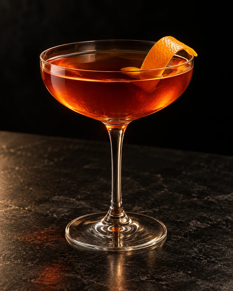 Dinosaurs Before Dark: Clear amber drink in a coupe, orange twist and no serving ice.