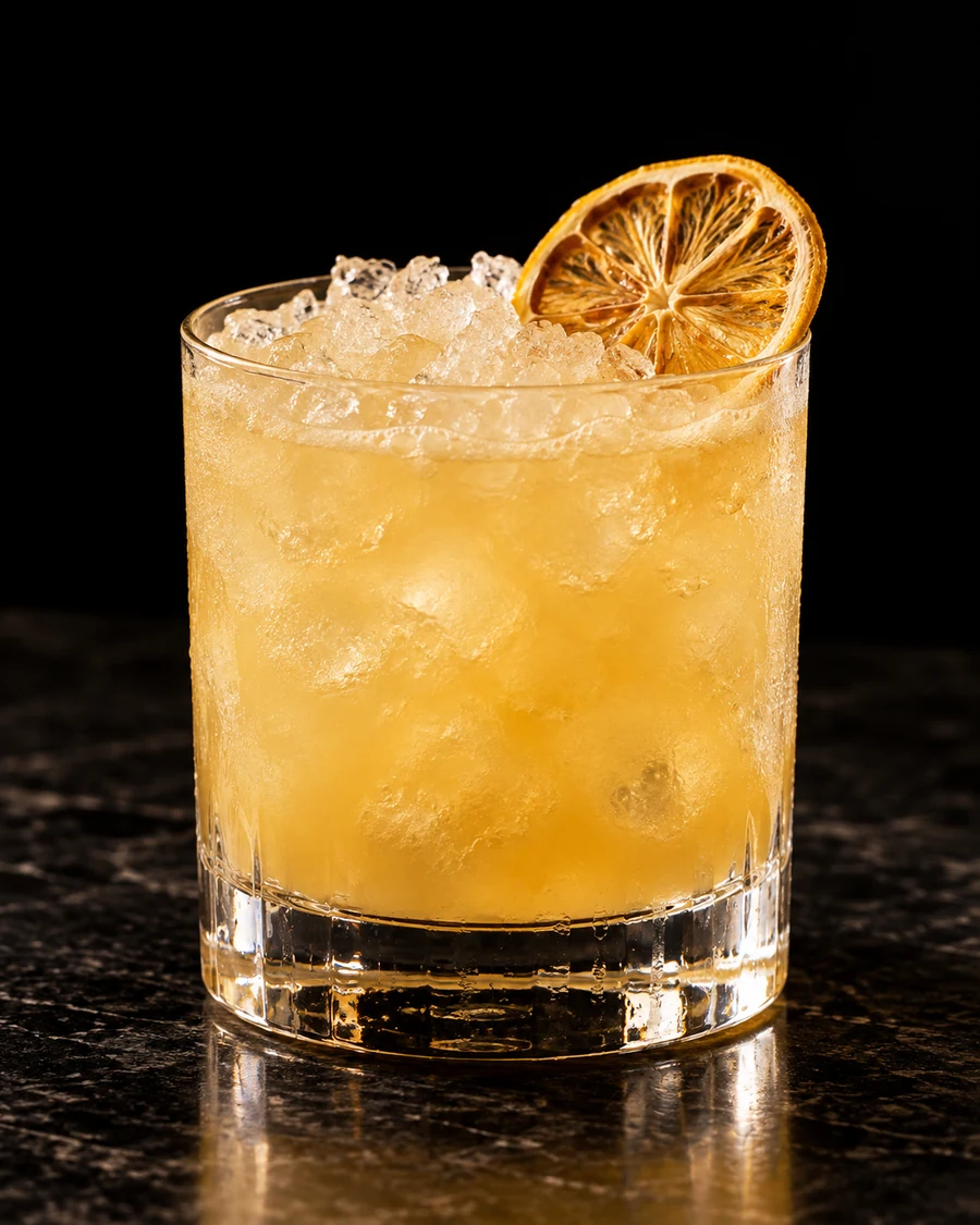 Diplomat. Rocks glass, fresh crushed ice, cloudy golden citrus body and dehydrated lemon wheel.