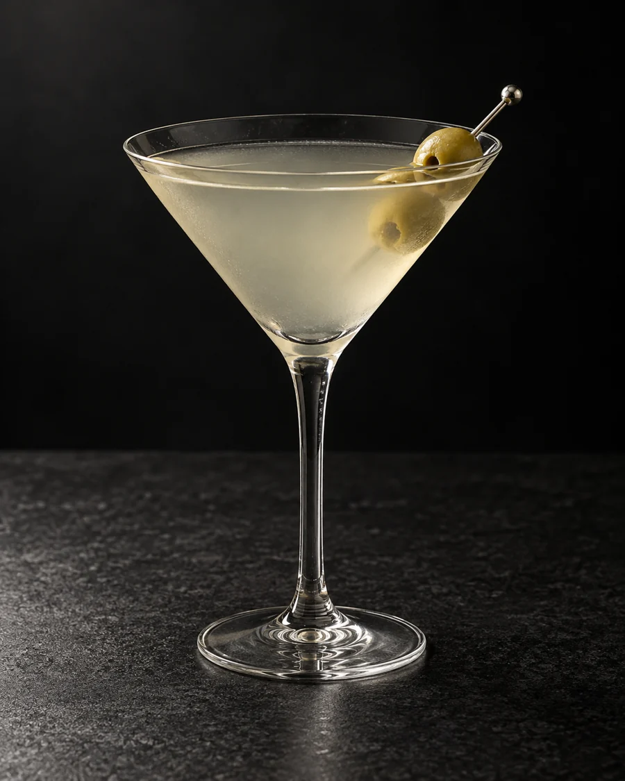 Slightly cloudy pale Dirty Martini without ice in a martini glass with two green olives.