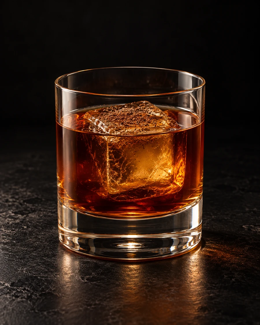 Dolores Del Rio in a rocks glass, over one large ice cube, with freshly grated coffee bean, against a black background.