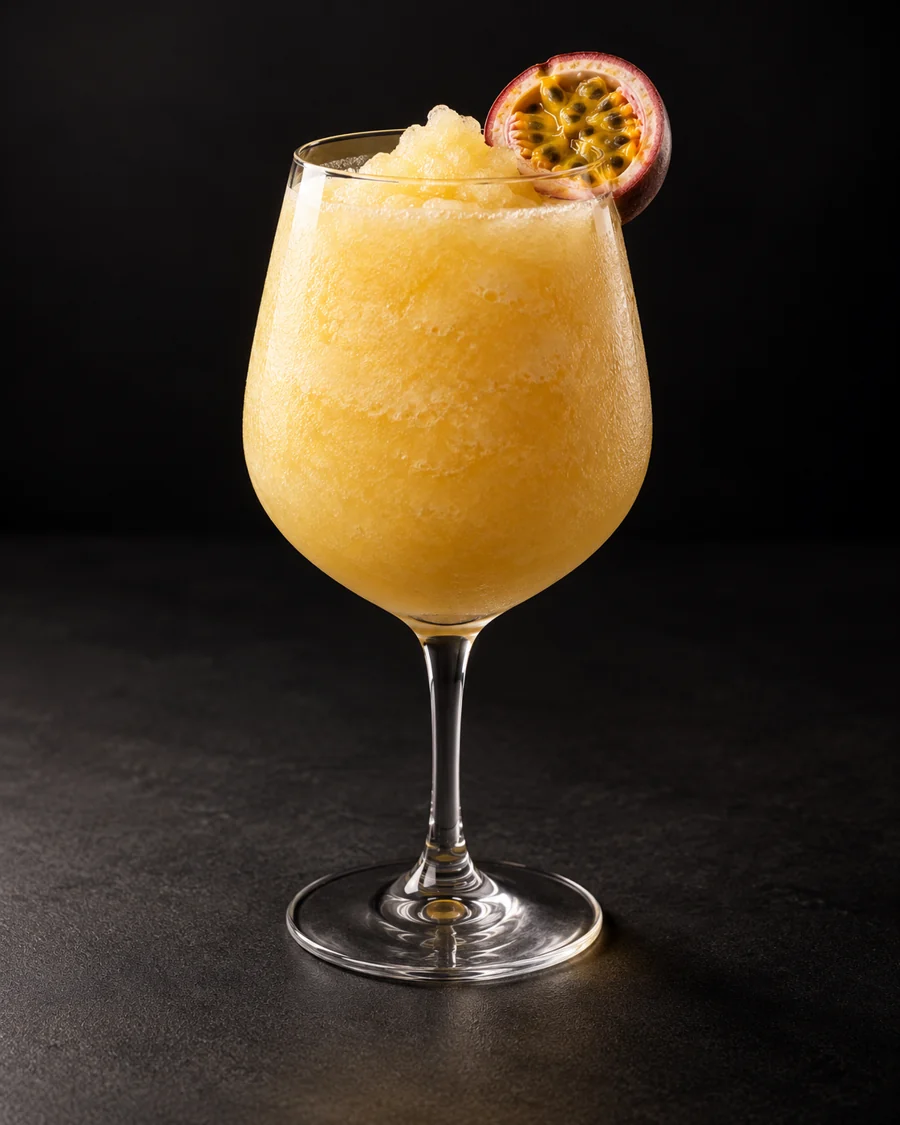 Don's Special Daiquiri served in a wine glass with half a passion fruit against a black background.