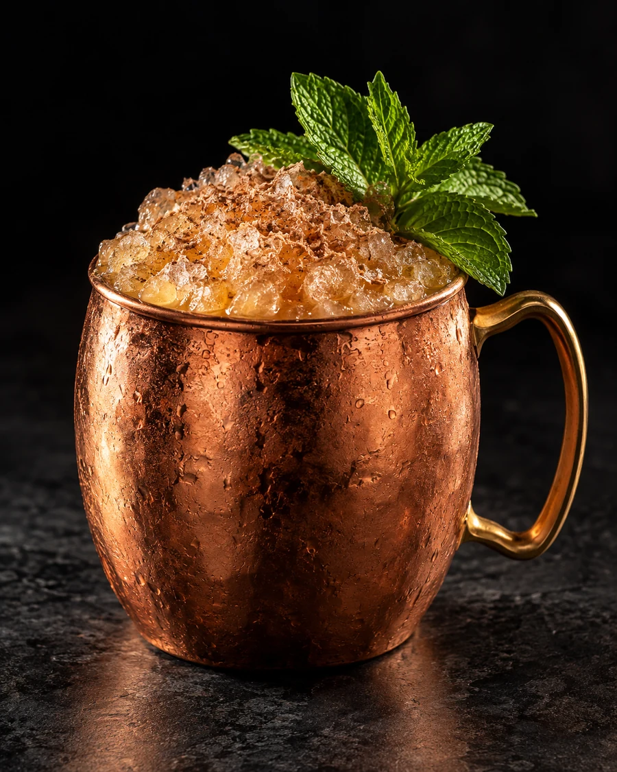 Doomscroller: Amber drink in a copper mug with crushed ice, mint sprigs and grated nutmeg.
