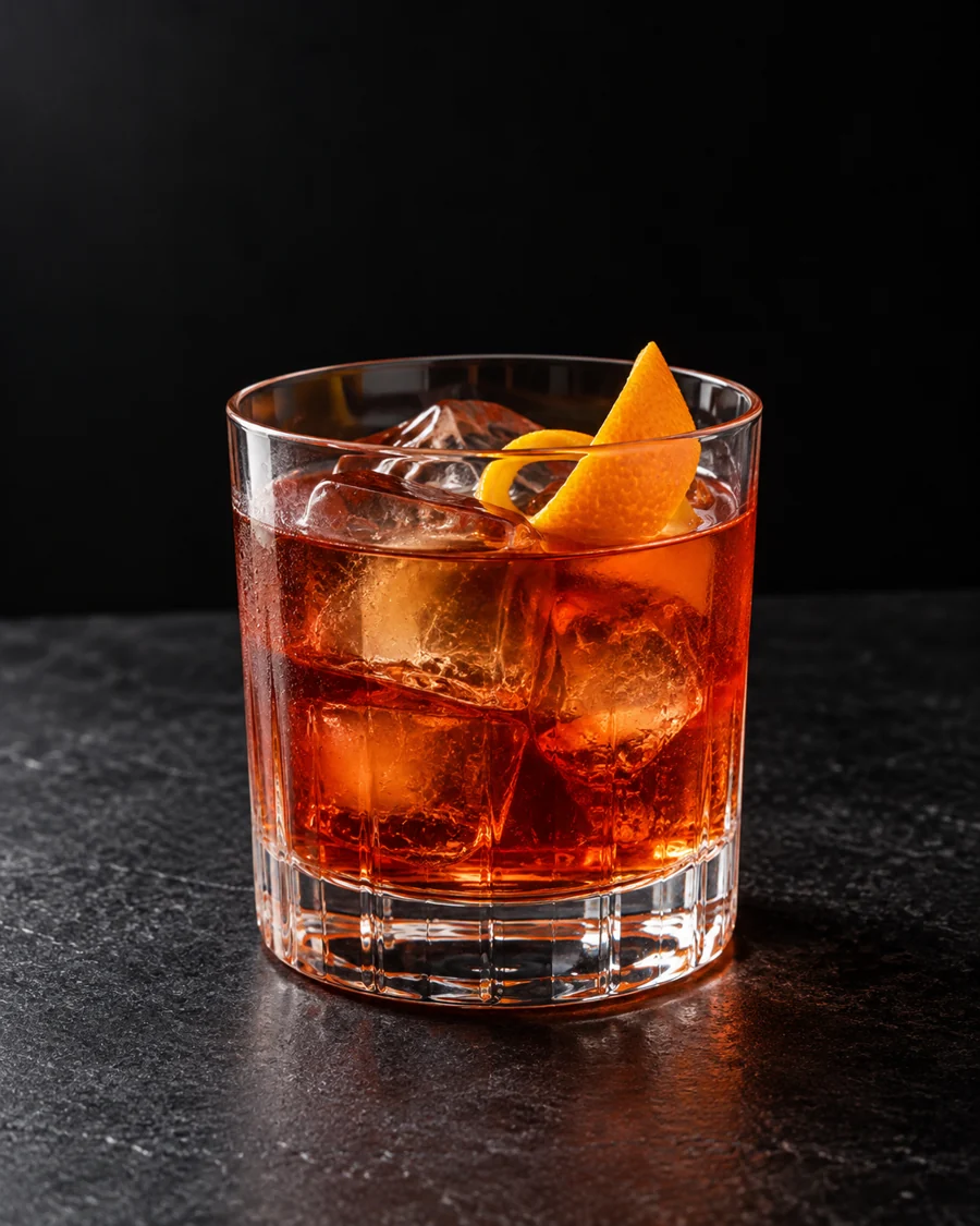 clear reddish amber Double Dagger in a rocks glass over ice with orange twist.