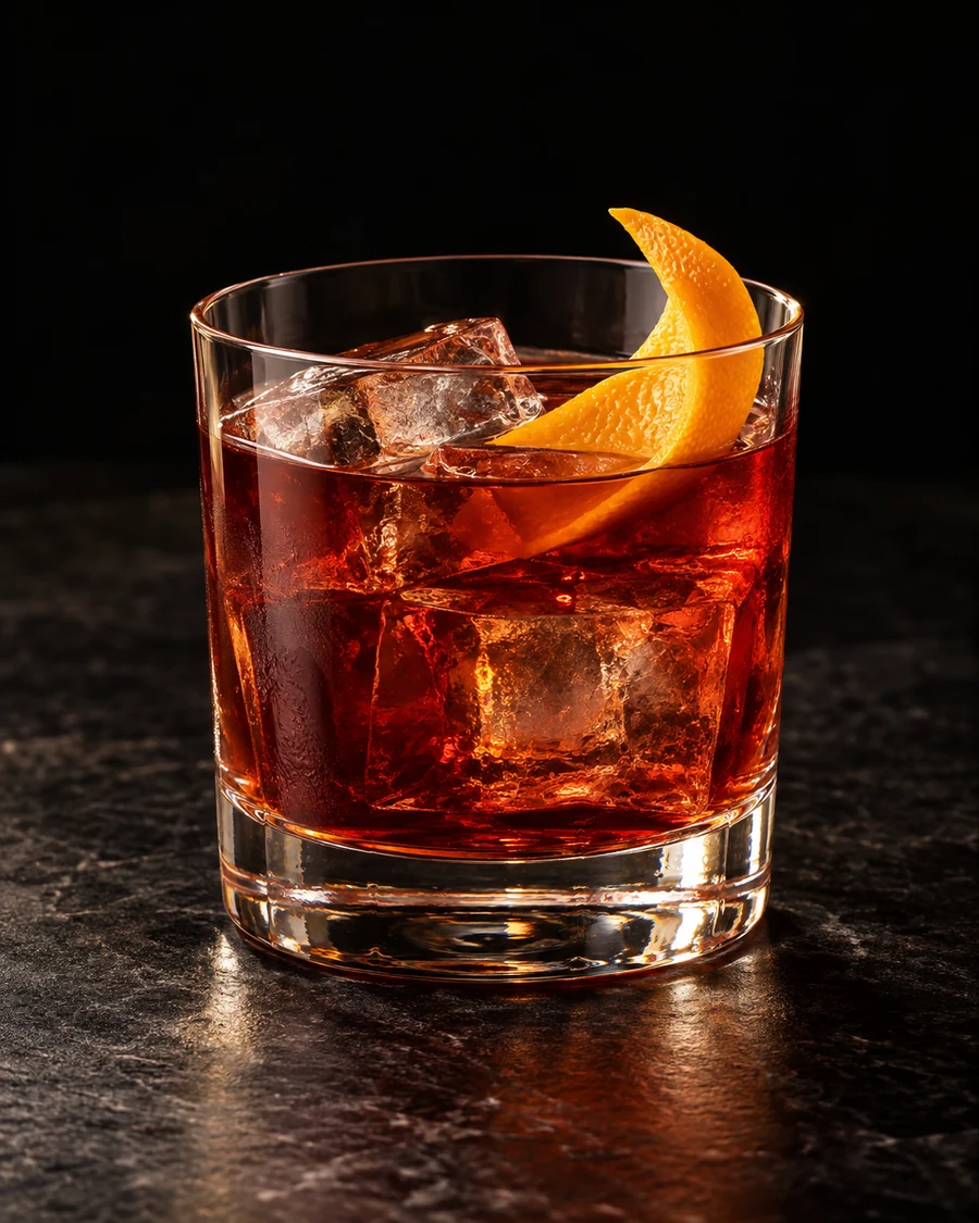 Down For The Count: Ruby-red cocktail in a rocks glass over several clear ice cubes, with an orange twist.