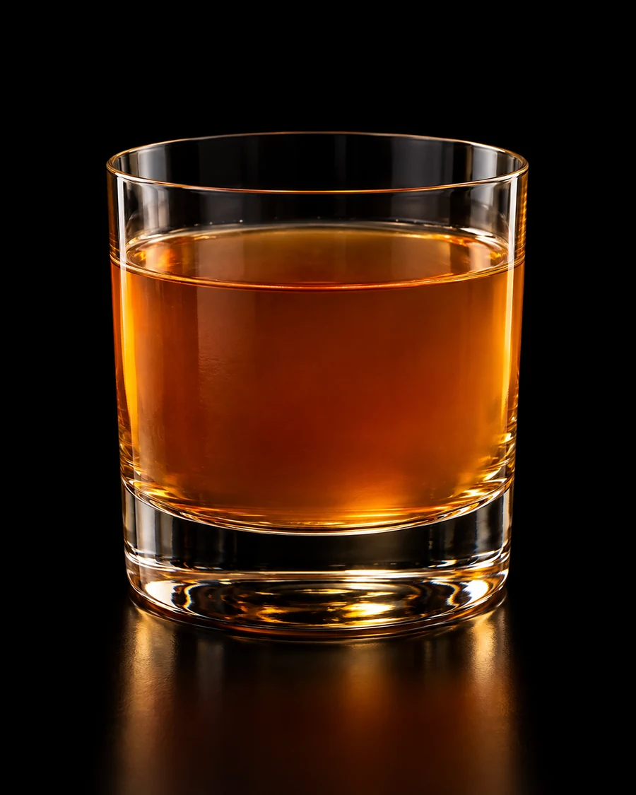 Downtown At Dawn: Warm amber cocktail in a rocks glass, served without ice or garnish against a black background.
