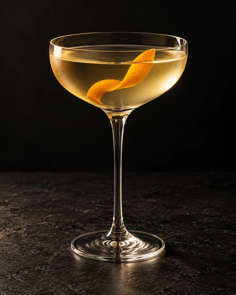 Dream Of The Lava Beds in a chilled coupe, served without ice, with orange twist, against a black background.