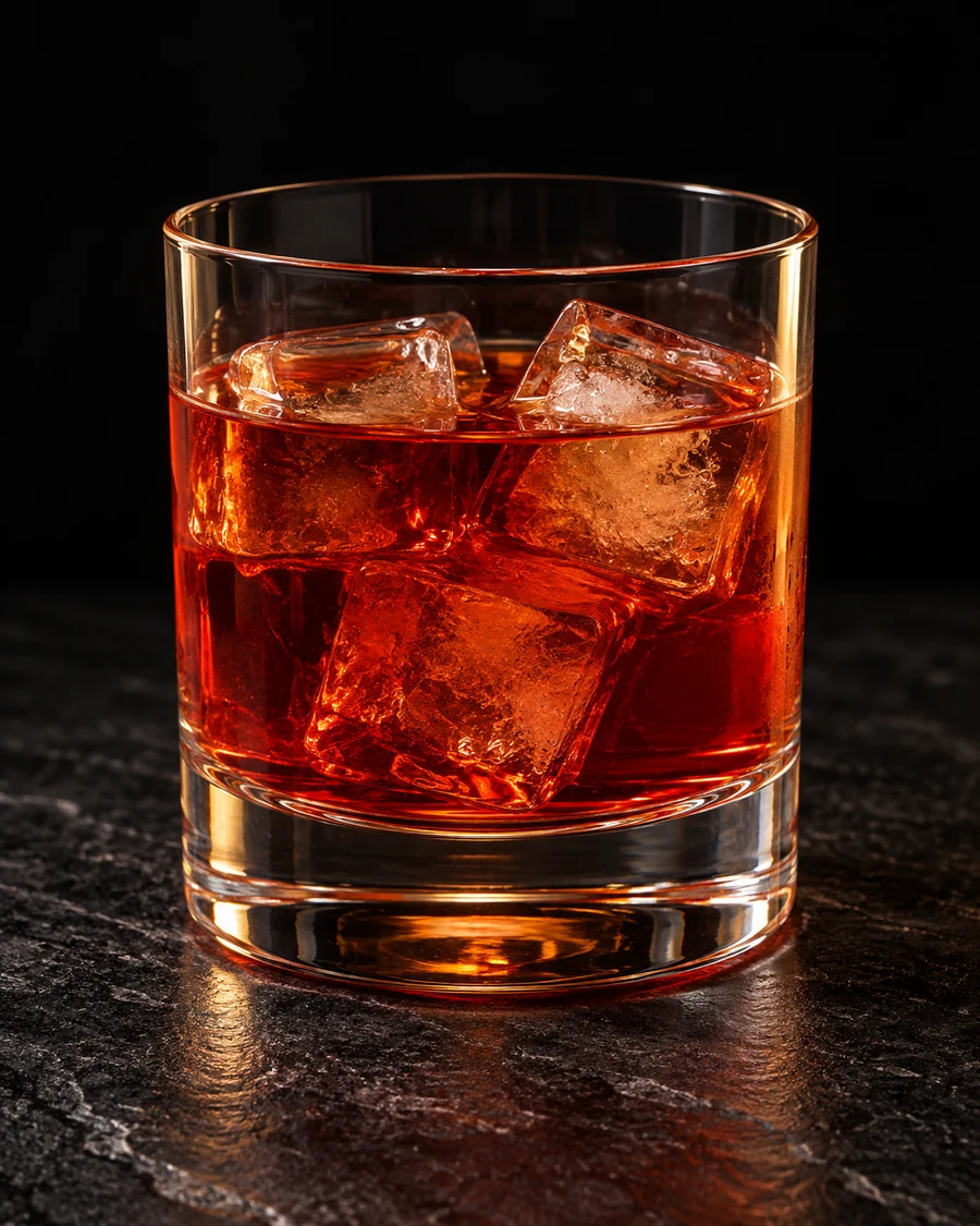 Dreyfus in a rocks glass, over fresh ice cubes, ungarnished, against a black background.