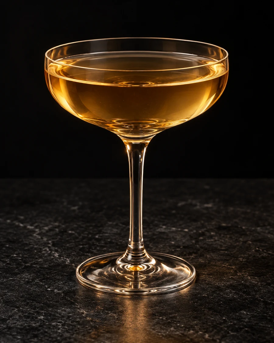 Drink Without Name in a coupe, served without ice, ungarnished, against a black background.
