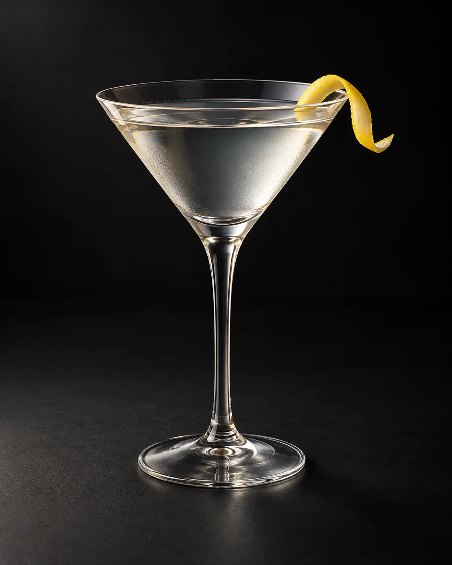 Dry Martini served in a martini glass with a lemon twist against a black background.