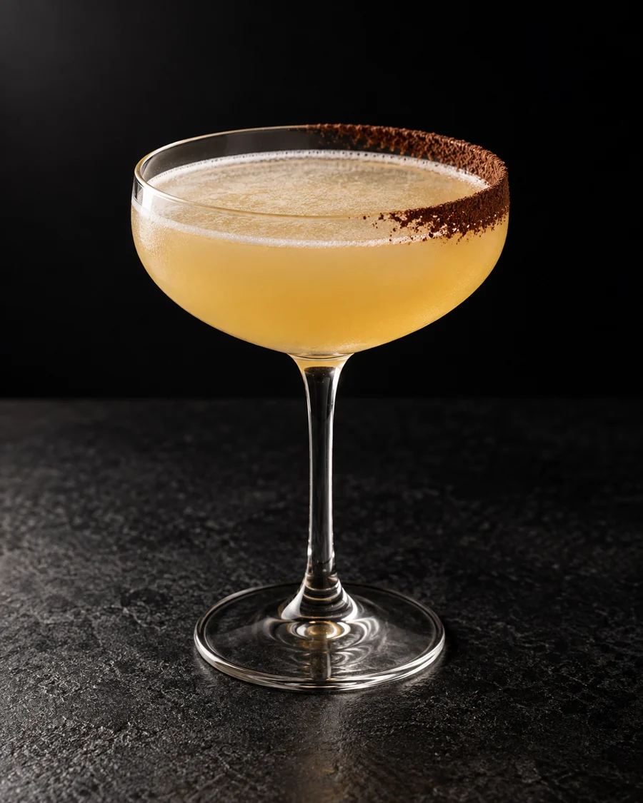 Pale golden, slightly cloudy Dutch East Indies Daisy in a coupe with a cocoa-dusted half-rim, no ice.