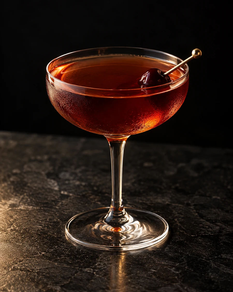 Dutch Hand: deep red-brown cocktail in a chilled stemmed coupe, served without ice with a dark cherry on a slim pick.