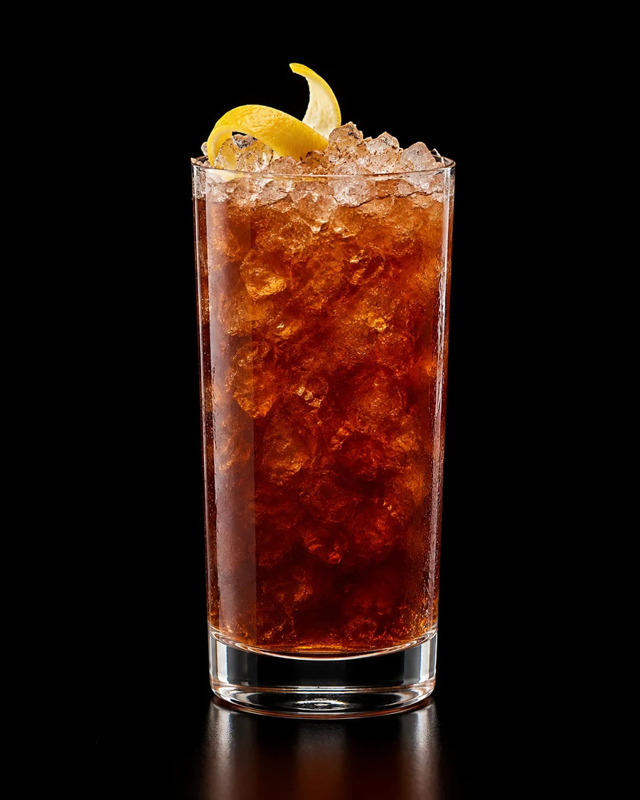 E.C. Cobbler: Dark amber-brown cocktail over crushed ice in a tall Collins glass with a lemon twist and fine nutmeg flecks against a black background.