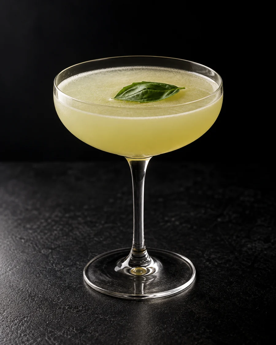 Pale cloudy yellow-green Earth Sign in a coupe with one fresh basil leaf, no ice.