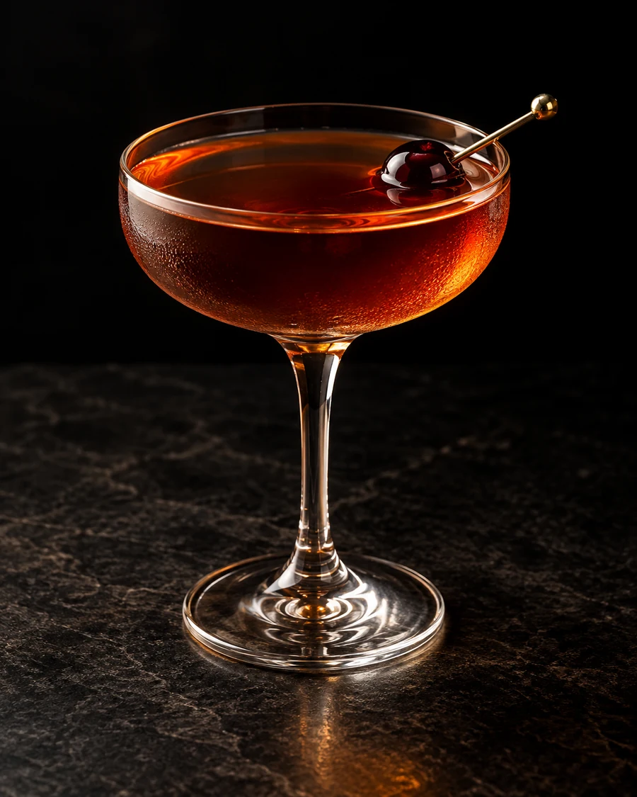 East Harlem: Deep amber-brown stirred drink in intact coupe, cherry garnish, no ice.