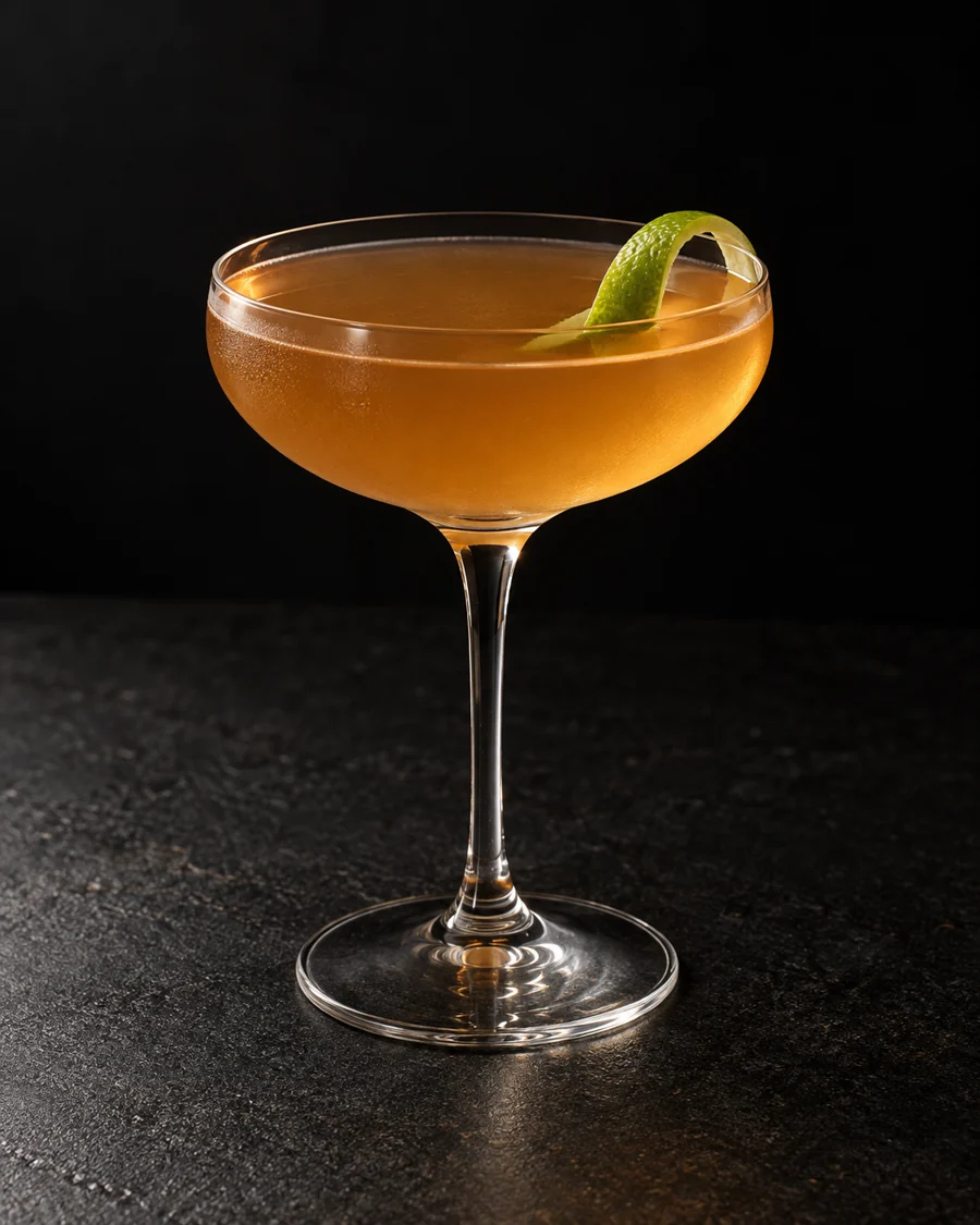 pale amber East India House in a coupe with lime twist, no ice.
