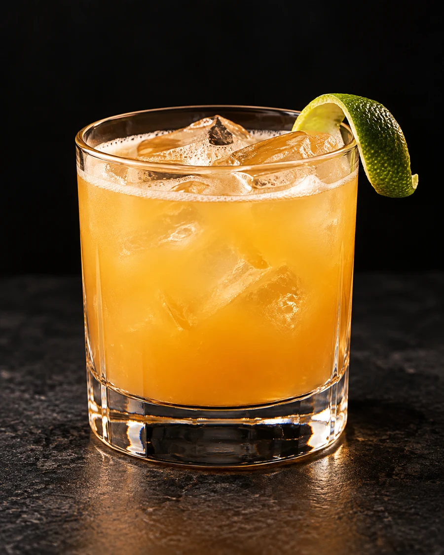 Eastern Sour in a rocks glass, with ice cubes, garnished with lime shell, against a black background.