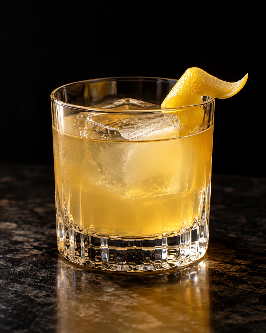 Easy Truce. Rocks glass with a pale golden pineapple-gin drink, one large clear ice cube and a lemon peel.