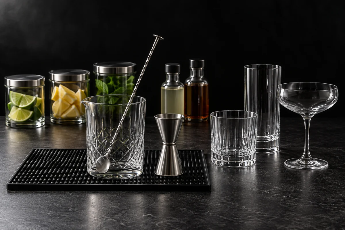 An organized bar station with a tool mat, mixing glass, spoon, jigger, empty glasses and closed ingredient containers.