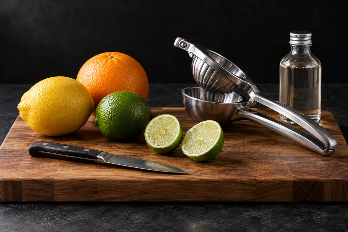 Washed citrus, halved lime, a hand press, safely resting knife and a small syrup bottle on a dark bar.