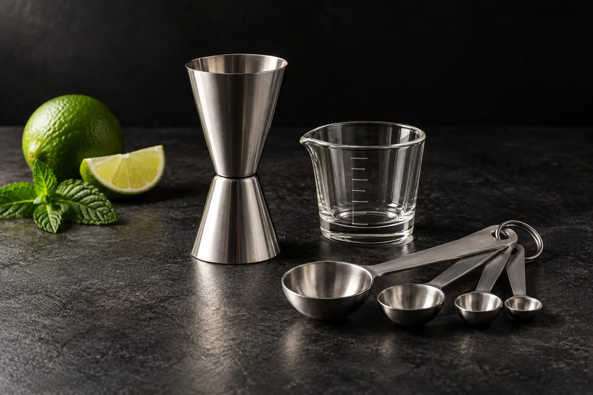 Stainless-steel jigger, measuring cup and measuring spoons arranged on a clean dark bar.