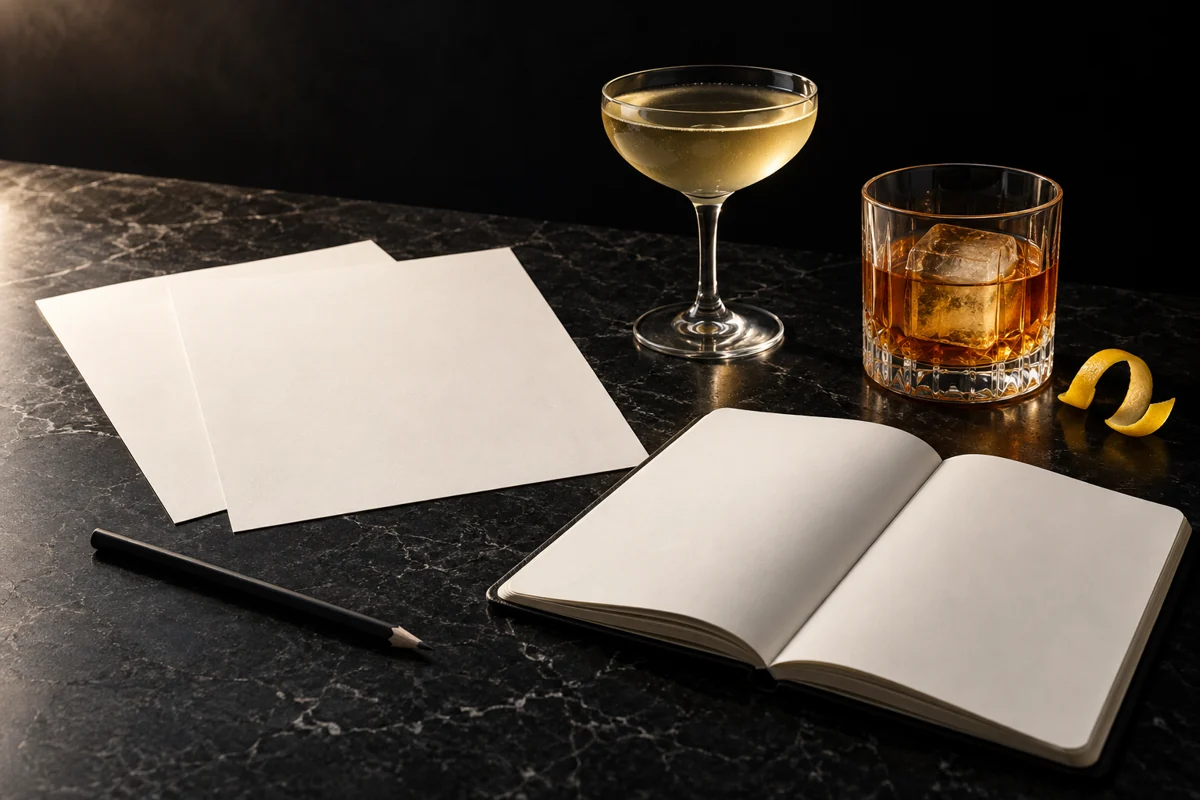 Blank menu sheets and notebook with a pencil, two drinks and a small citrus accent on a dark bar.