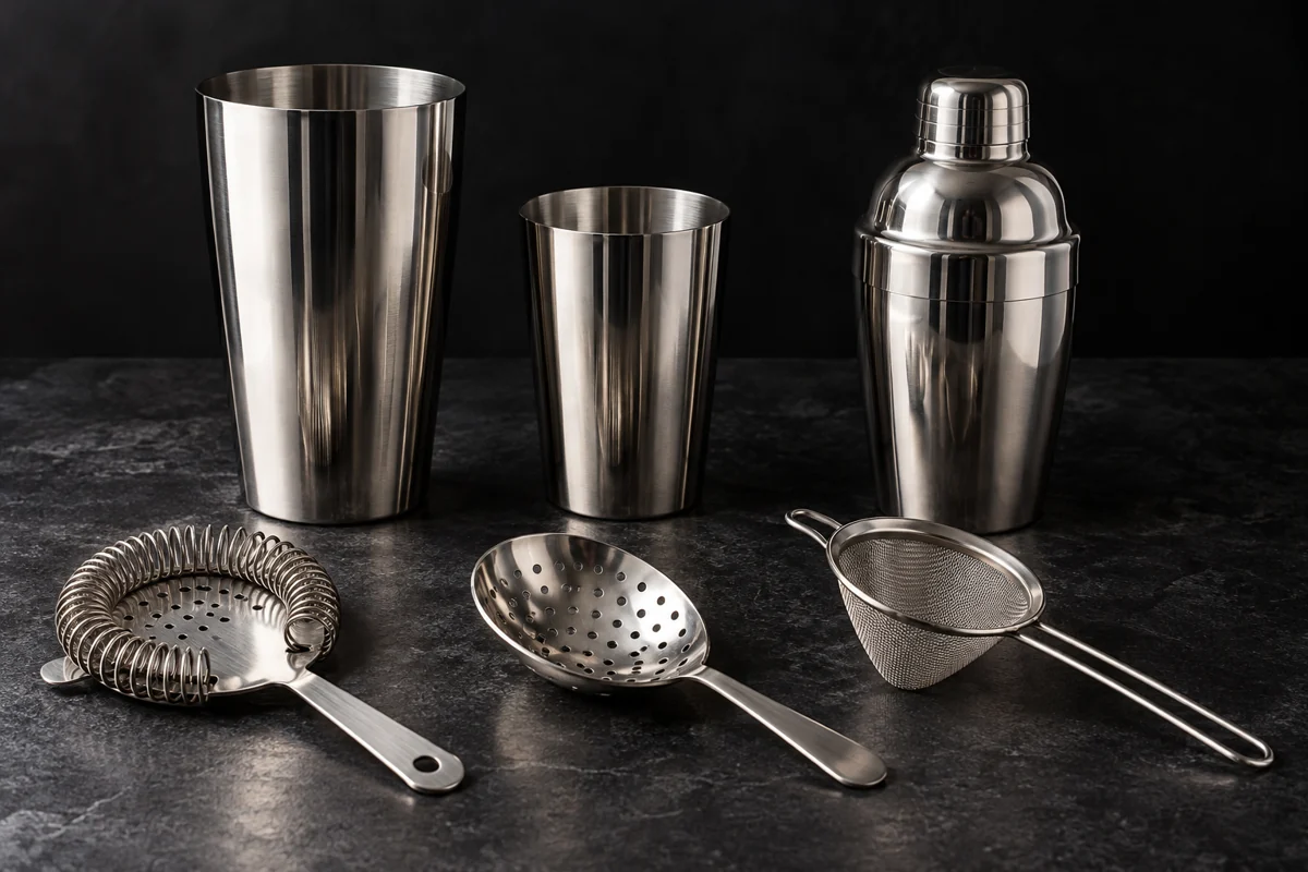 Boston shaker tins, a cobbler shaker and three different cocktail strainers arranged on a dark bar.