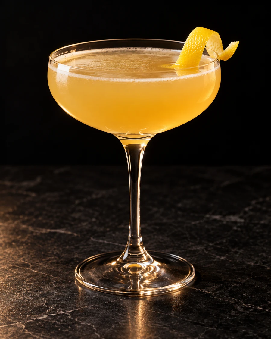 Eider Duck in a coupe, served without ice, garnished with lemon peel, against a black background.