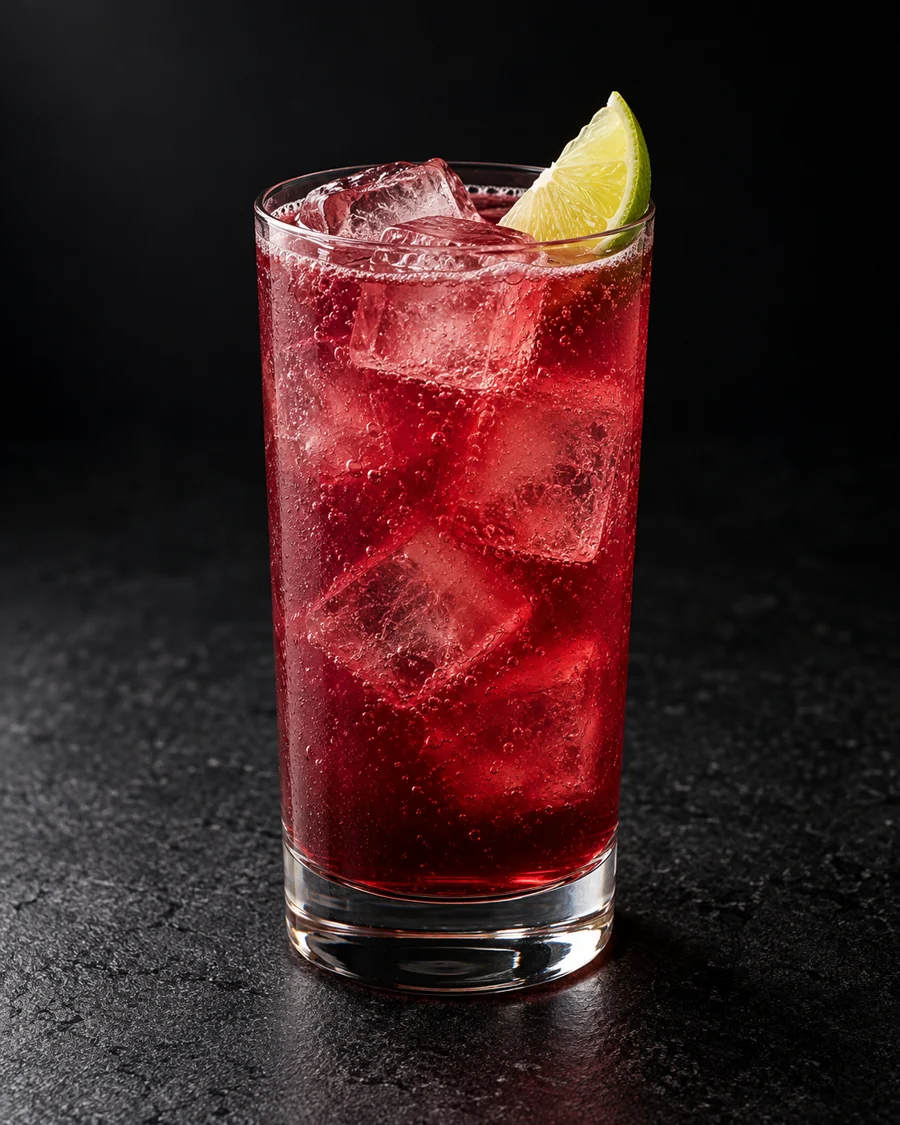 Deep berry-red El Diablo in a highball over ice with a lime wedge.