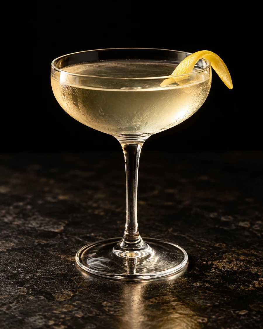 El Mariachi Club: Pale straw-colored cocktail in a stemmed coupe with a lemon twist, served without ice.