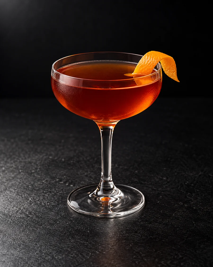 Light amber-red El Presidente in a small coupe with an orange twist, no ice.