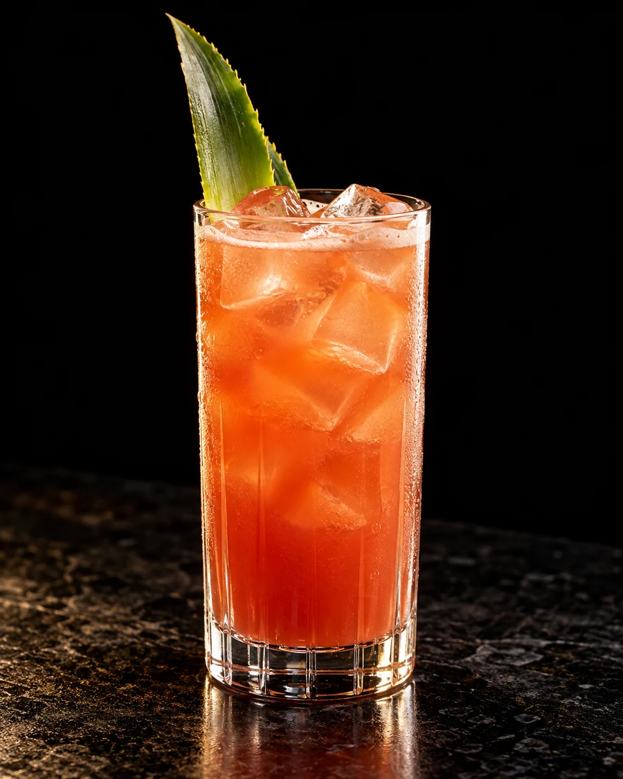 El Torogoz. Highball with fresh cubed ice, red-orange Campari/pineapple body and pineapple frond only.