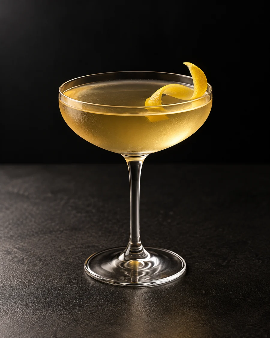 clear pale golden Elder Statesman in a coupe with lemon twist, no ice.
