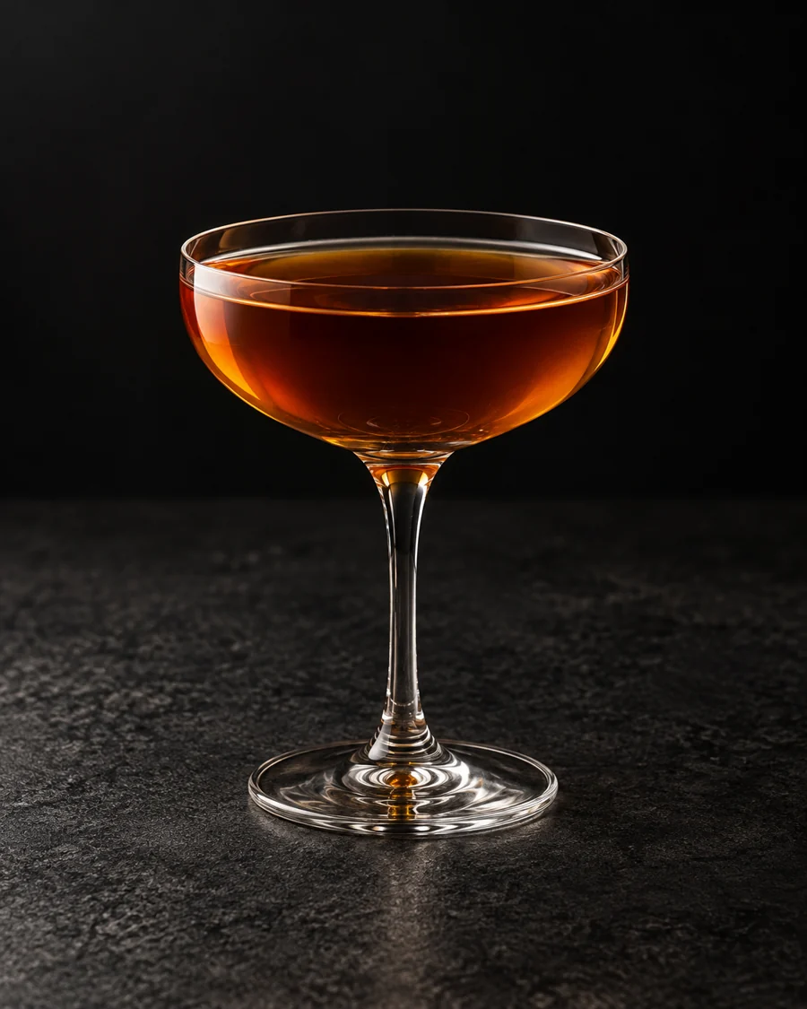 clear dark amber Elderthorn in a small coupe without ice or garnish.