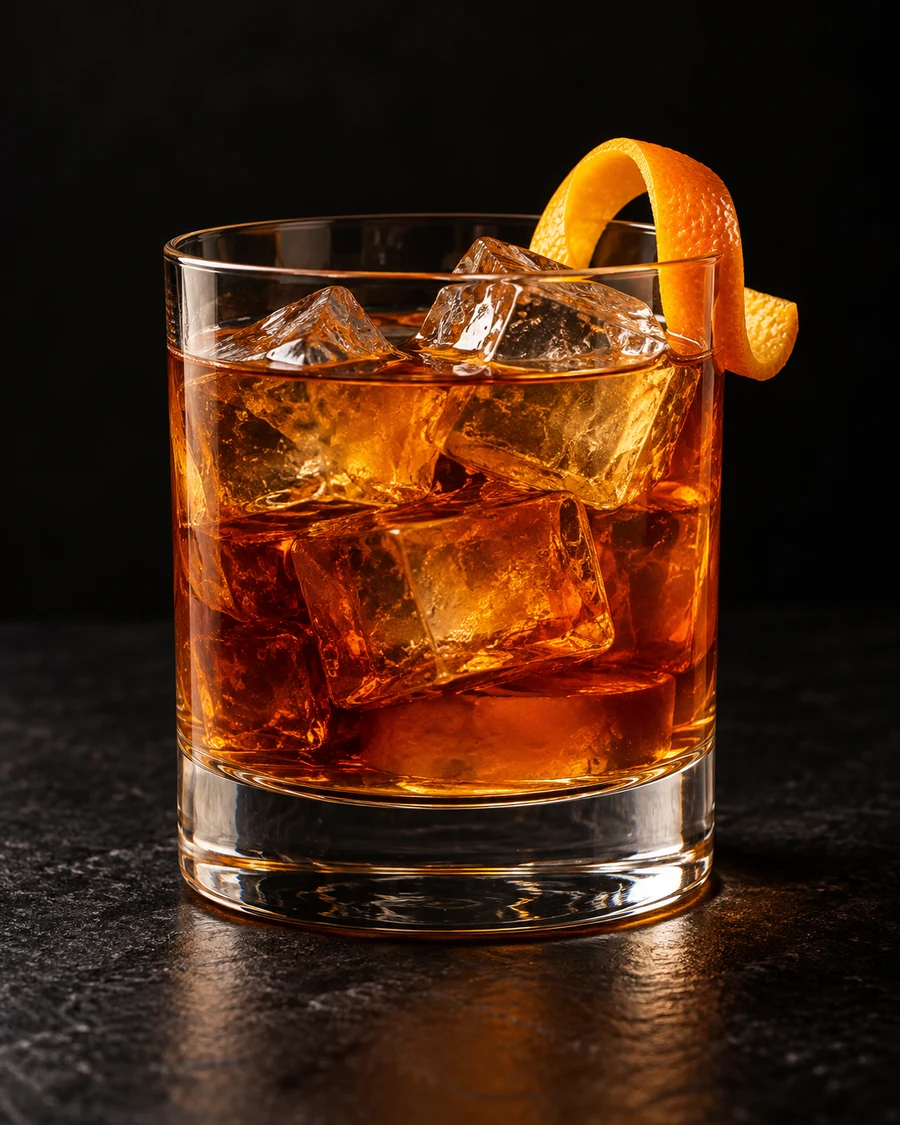 Electric Circus in a rocks glass, over fresh ice cubes, with orange twist, against a black background.