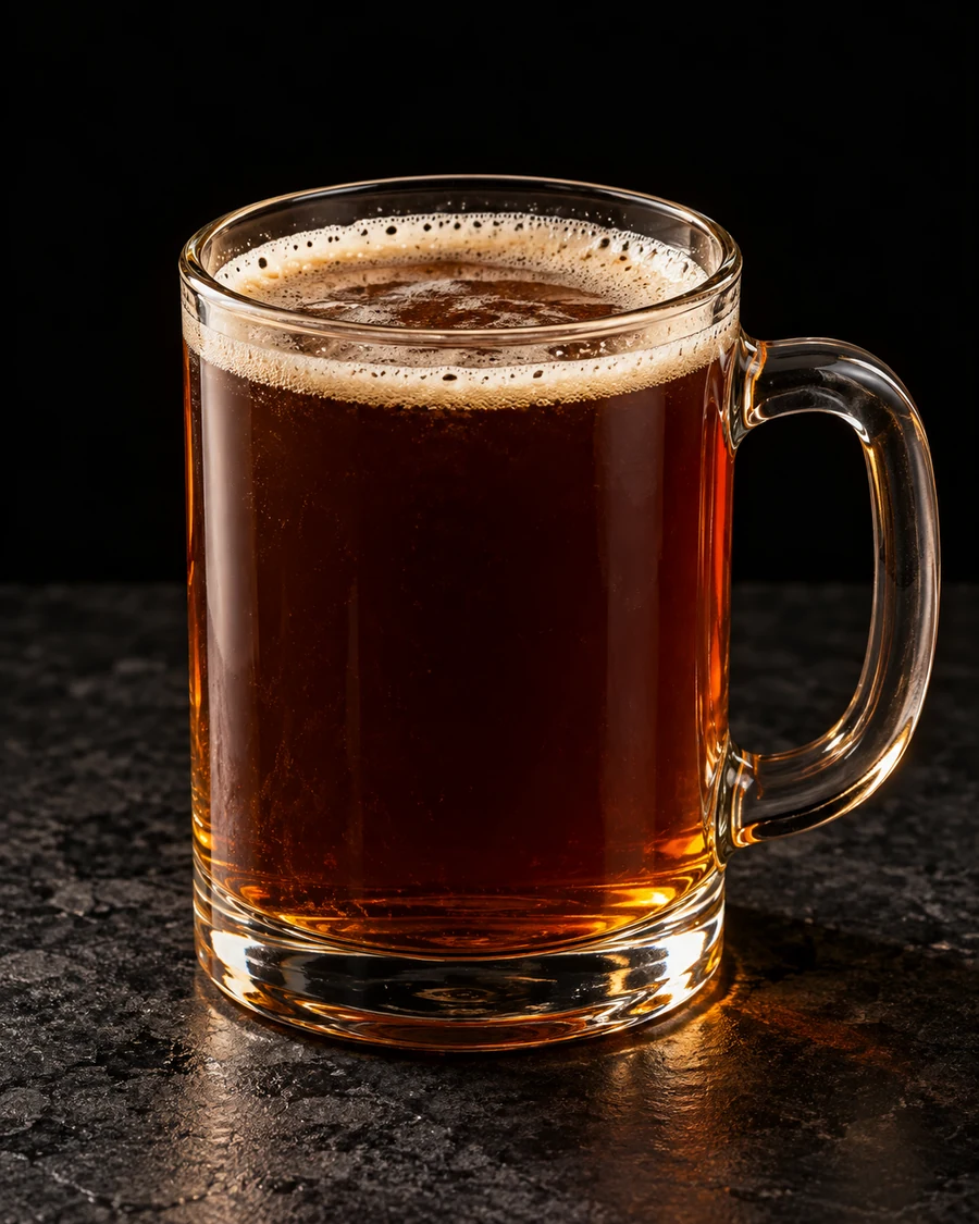 English Ale Flip in a heatproof handled mug, served without ice, ungarnished, against a black background.