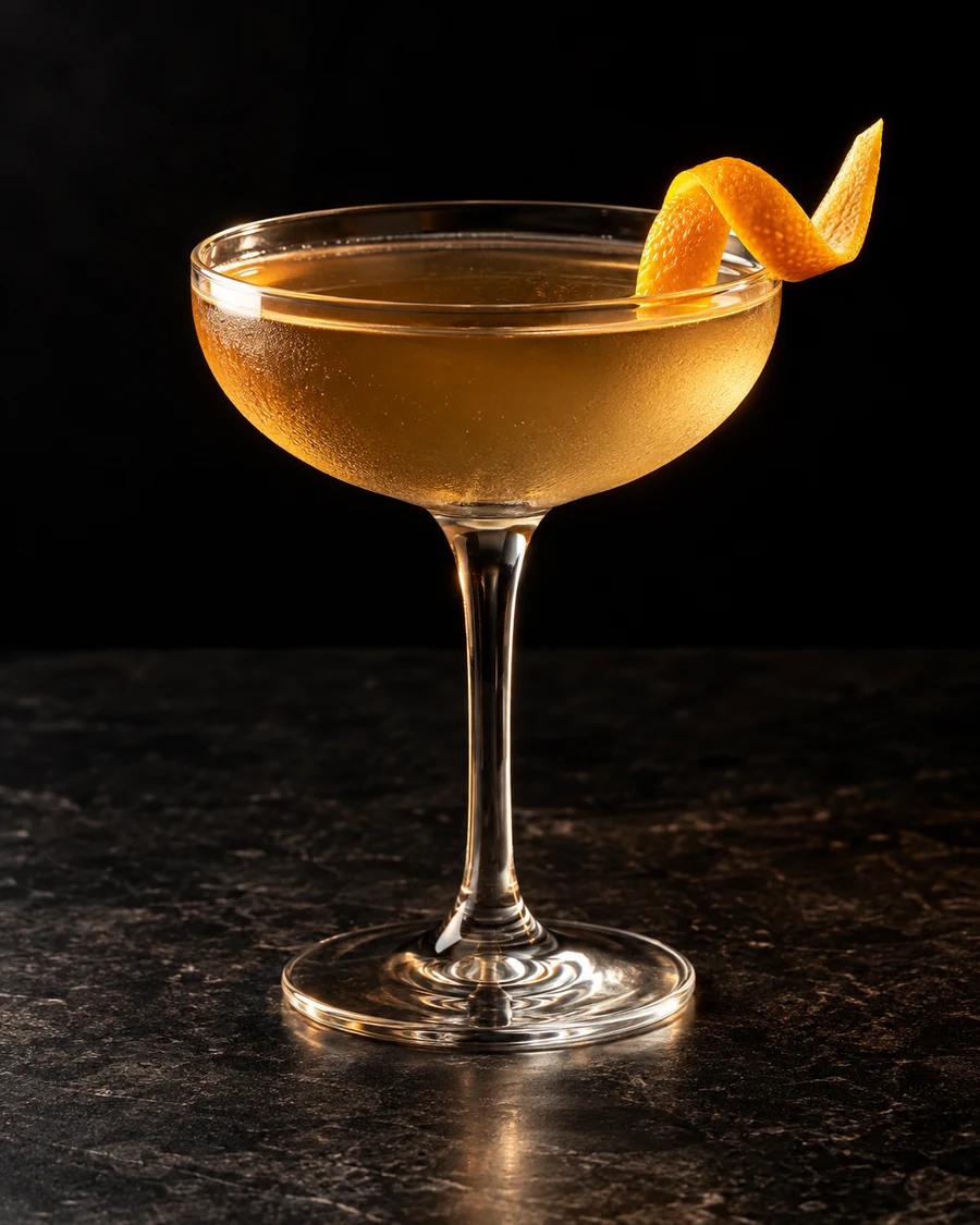 Enjoy The Silence: Clear golden cocktail in a chilled coupe without ice, with an orange twist.