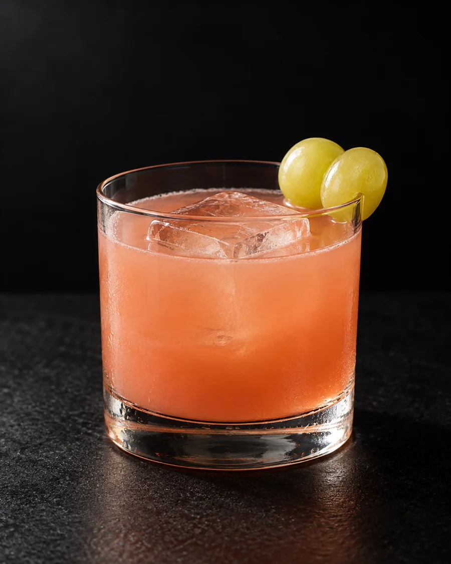 Cloudy coral Enzoni over one large cube in a rocks glass with two pale green grapes.
