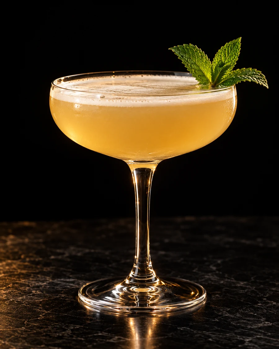 Epimetheus. Coupe without serving ice, golden ginger-citrus body with fine shake froth and mint sprig.
