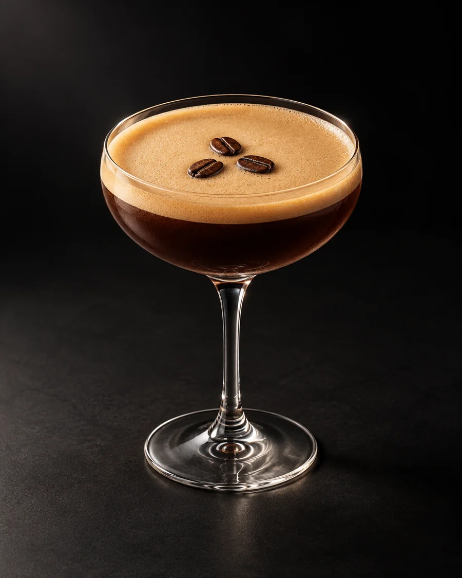 a deep brown Espresso Martini in a coupe, topped with tan crema and three coffee beans against a black background.