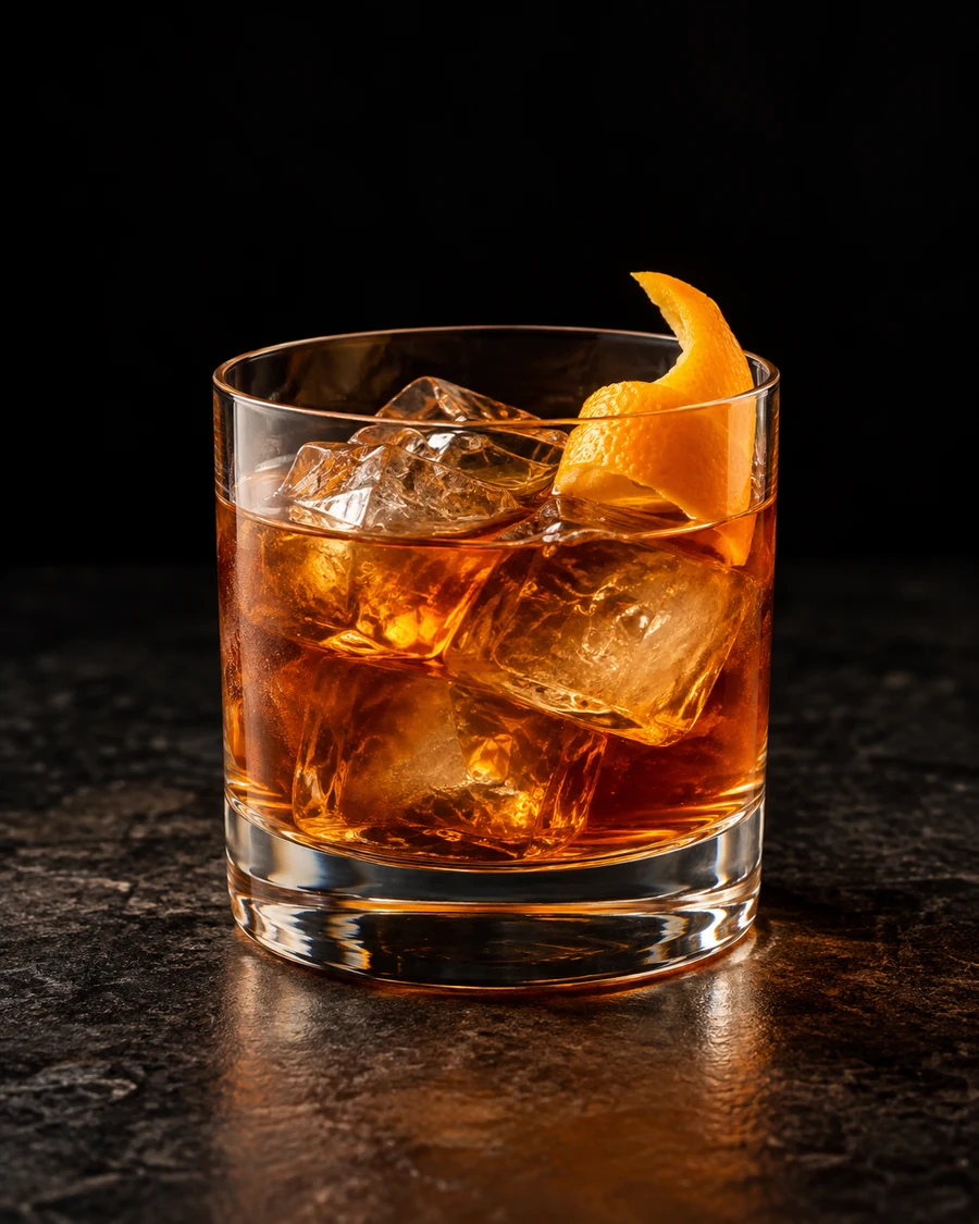Evening In A Sugar Orchard: Amber stirred drink in rocks glass, fresh cubed ice and orange twist.