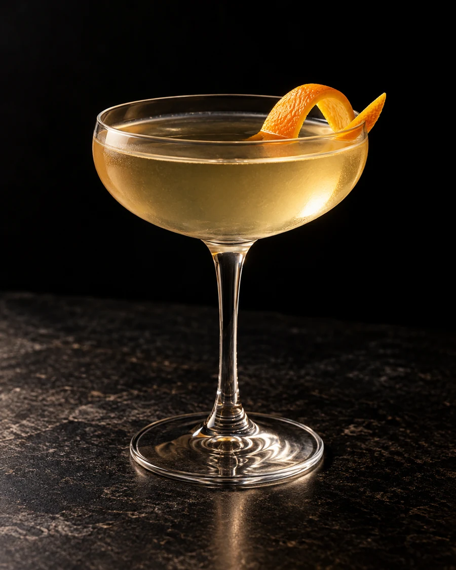 Exit Club Cocktail: pale golden cocktail in a chilled stemmed coupe, served without ice with a curled orange twist.