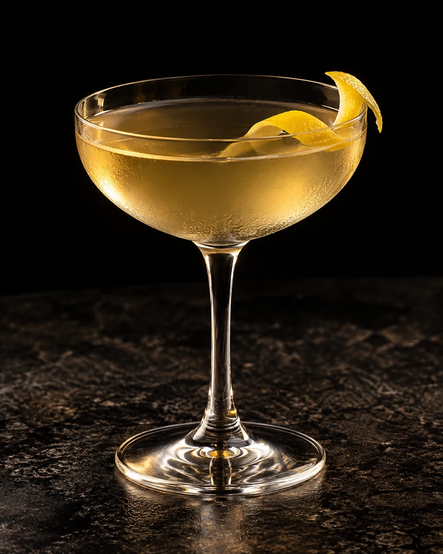 Explorer's Dream: Pale golden cocktail in a chilled coupe without ice, with a lemon twist.
