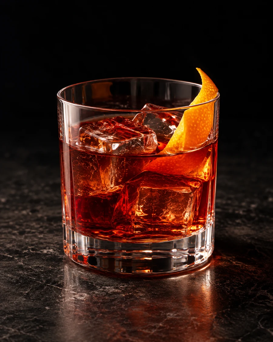 Explorer's Negroni: Ruby-red drink in a rocks glass with several ice cubes and an orange twist.