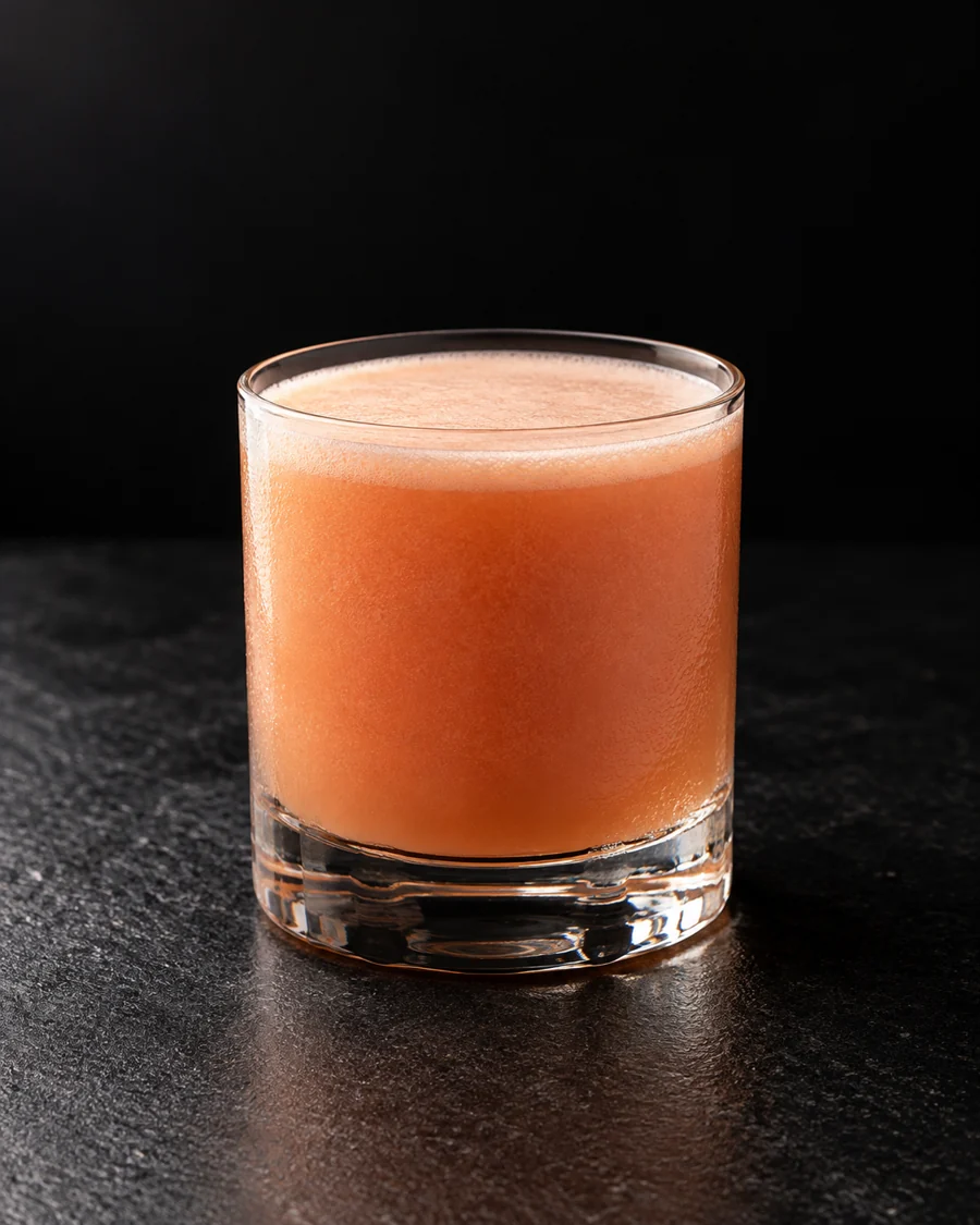 opaque golden-pink Eye Opener in a chilled small rocks glass without ice or garnish.
