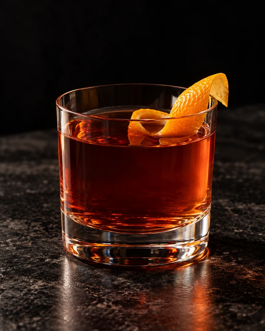 Eyes On The Table: Clear ruby-amber cocktail in a rocks glass with an orange twist, served without ice.