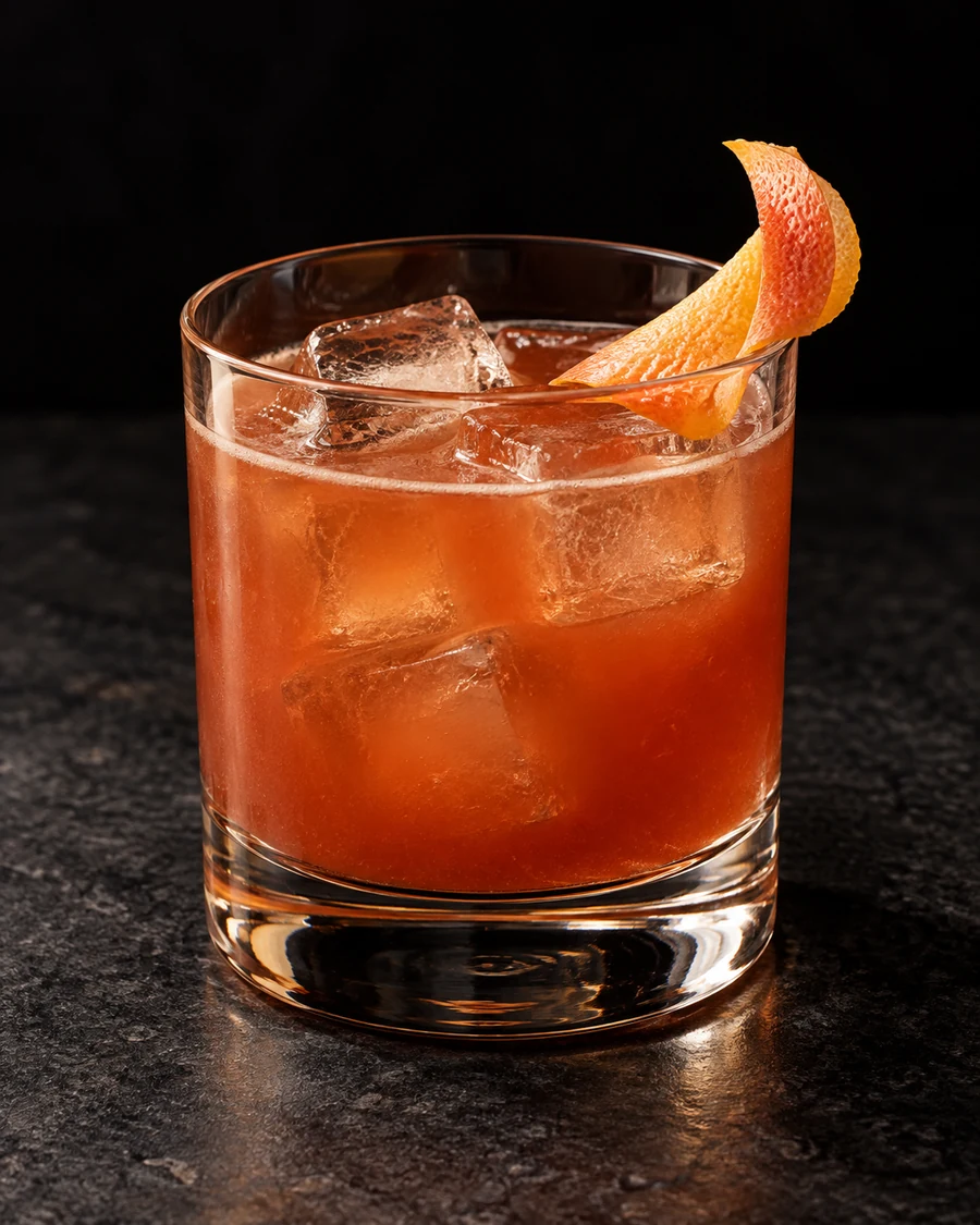 Fair Isle Cocktail in a rocks glass, over fresh ice cubes, garnished with grapefruit peel, against a black background.