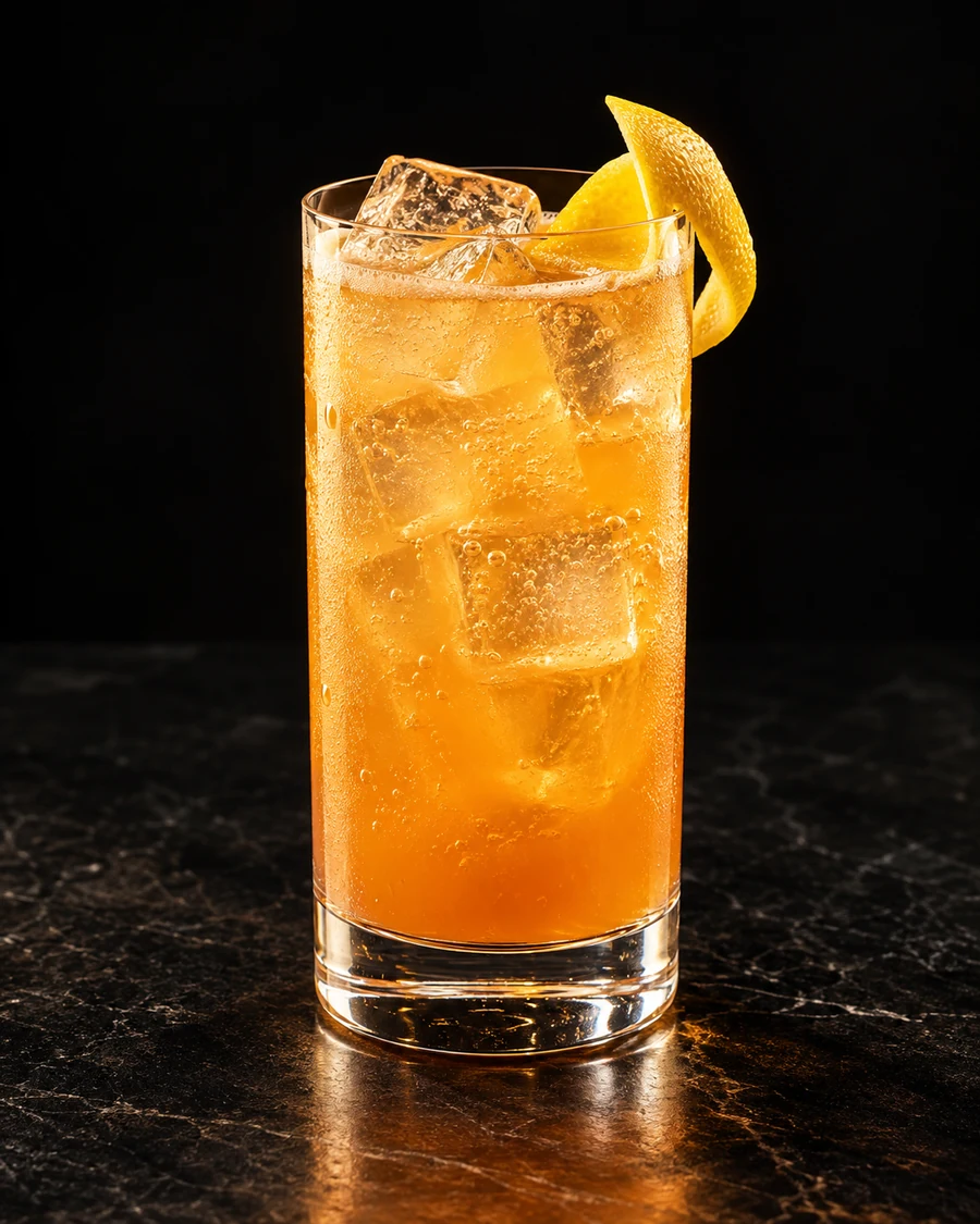 Fair Weather Highball. Highball with cubed ice, fizzy golden-orange mango/Aperol body and lemon peel.